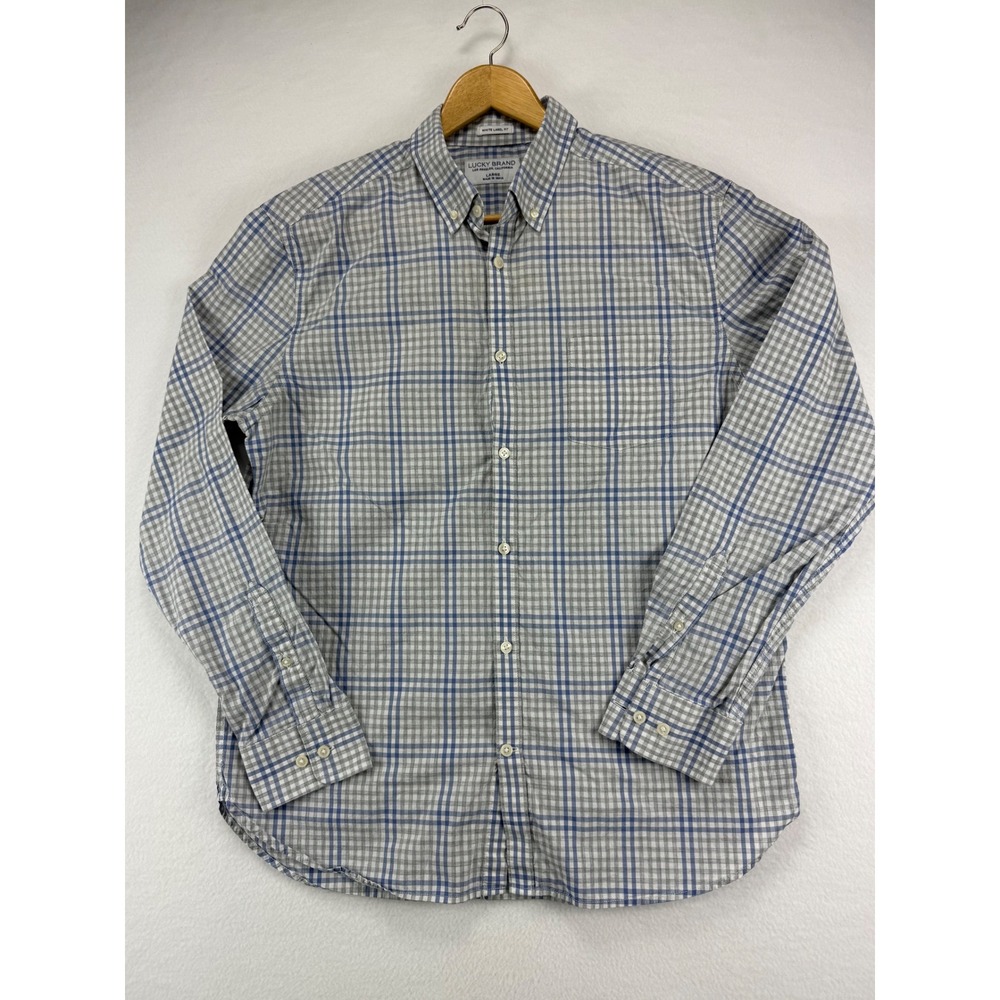 Lucky Brand Shirt Mens Large BlueGrey Plaid Button Down White Label Fit LongSlev